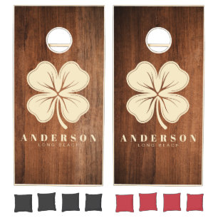 Rustic Walnut Wood Four Leaf Clover with Name Cornhole Set