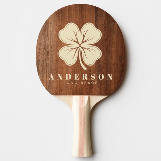 Rustic Walnut Wood Four Leaf Clover with Name Ping Pong Paddle (Back)