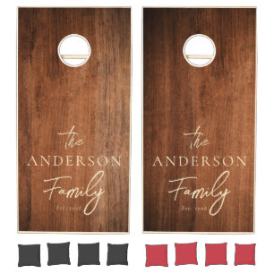 Rustic Walnut Wood Hand Written Family Name Cornhole Set