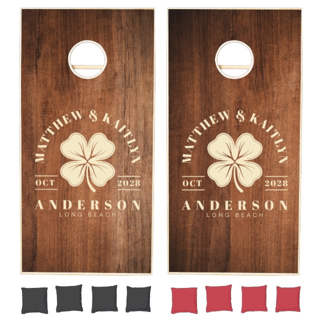 Rustic Walnut Wood Irish Clover Wedding Crest Cornhole Set (Set)