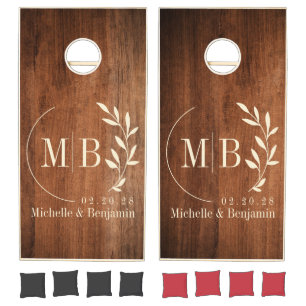 Rustic Walnut Wood Leaf Wedding Monogram Cornhole Set