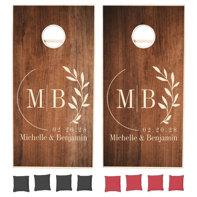 Rustic Walnut Wood Leaf Wedding Monogram Cornhole Set (Set)