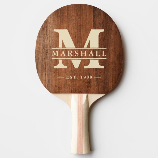Rustic Walnut Wood Monogram & Name Overlay Ping Pong Paddle (Back)
