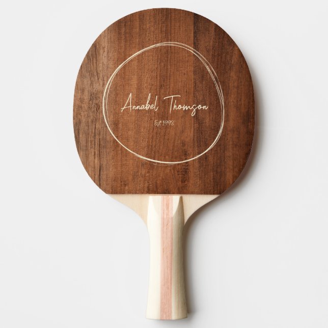 Rustic Walnut Wood Name in Drawn Circle  Ping Pong Paddle (Front)