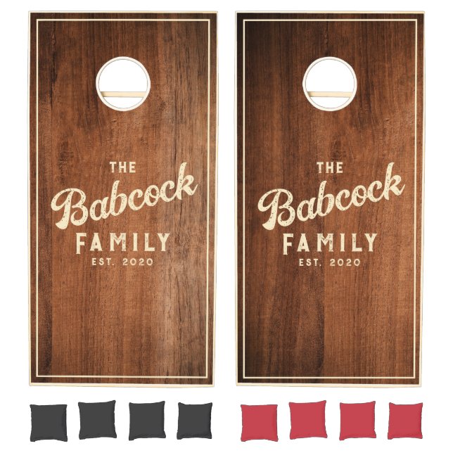 Rustic Walnut Wood Retro Family Name & Year Cornhole Set (Set)