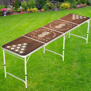Rustic Walnut Wood Tropical Pineapple Wedding Beer Pong Table