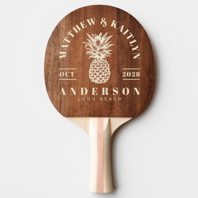 Rustic Walnut Wood Tropical Pineapple Wedding Ping Pong Paddle (Back)