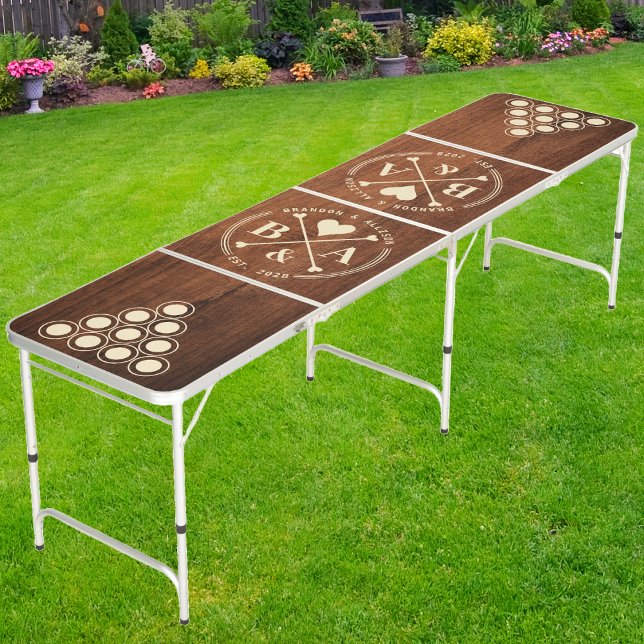 Rustic Walnut Wood Wedding Heart Crossing Initial Beer Pong Table (Creator Uploaded)