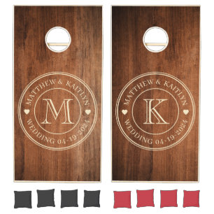 Rustic Walnut Wood Wedding Monogram Heart Cornhole Set