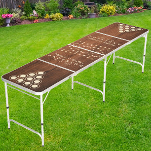 Rustic Walnut Wood Wedding String Lights & Name Beer Pong Table