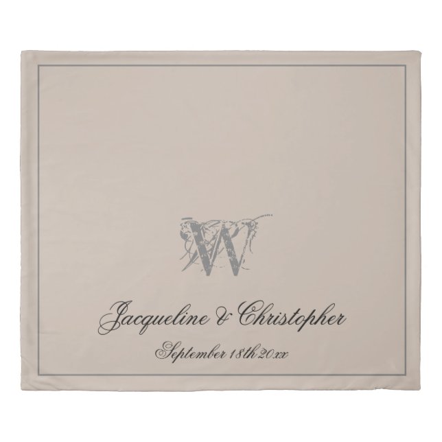 Rustic Warm Beige Monogram Names Newlywed Wedding Duvet Cover (Front)