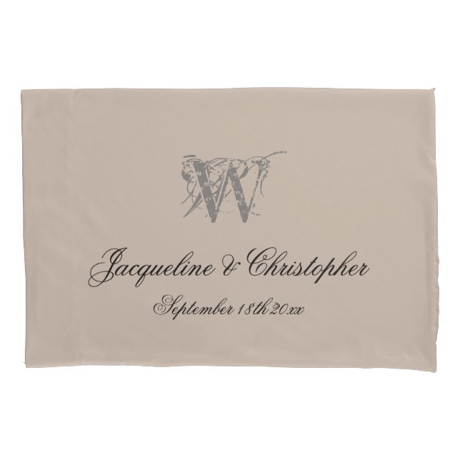 Rustic Warm Beige Monogram Names Newlywed Wedding Pillow Case (Front)