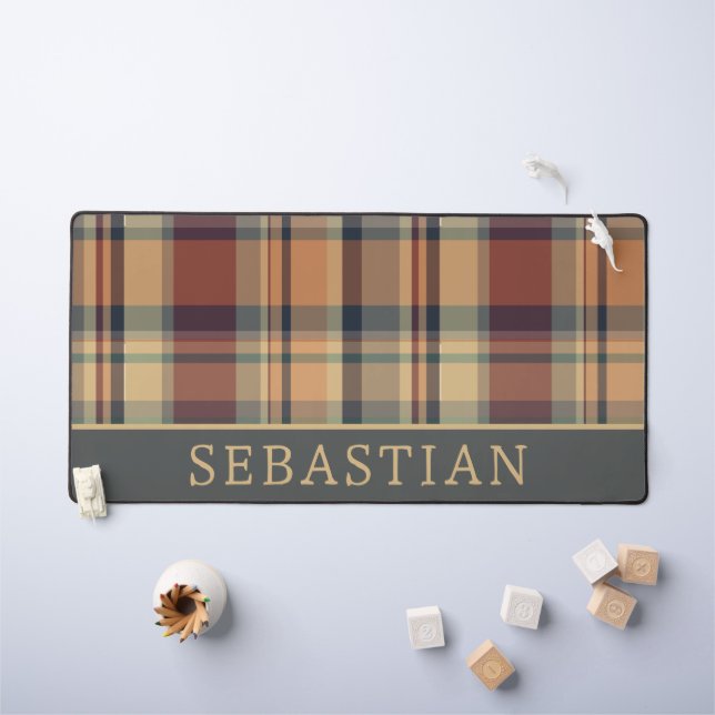 Rustic Warm Brown and Cream Plaid Personalized Desk Mat (Kids Table)