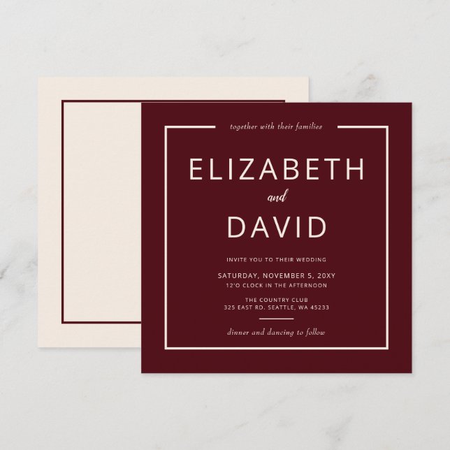 Rustic Warm Burgundy Modern Minimalist Wedding Invitation (Front/Back)