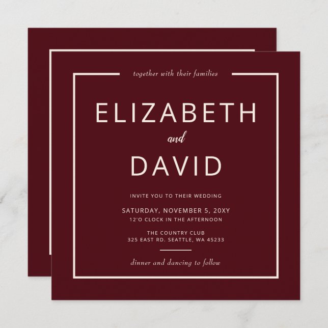 Rustic Warm Burgundy Modern Minimalist Wedding Invitation (Front/Back)