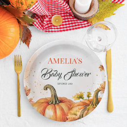 Rustic Warm Gold Orange Watercolor Autumn Pumpkin Paper Plates