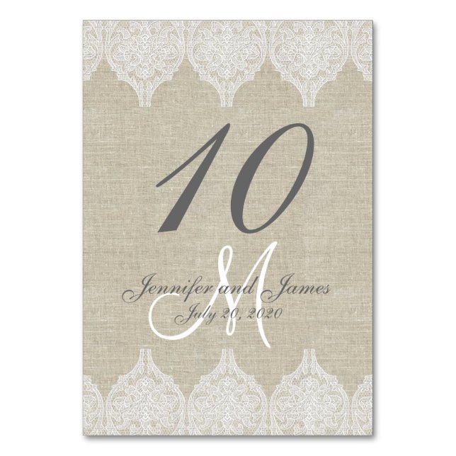 Rustic Warm Lace Wedding Table Number (Front)