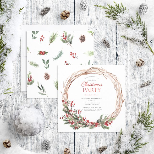 Rustic Warm Red Winter Wreath Christmas Party Invitation (Creator Uploaded)