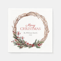 Rustic Warm Red Winter Wreath Merry Christmas