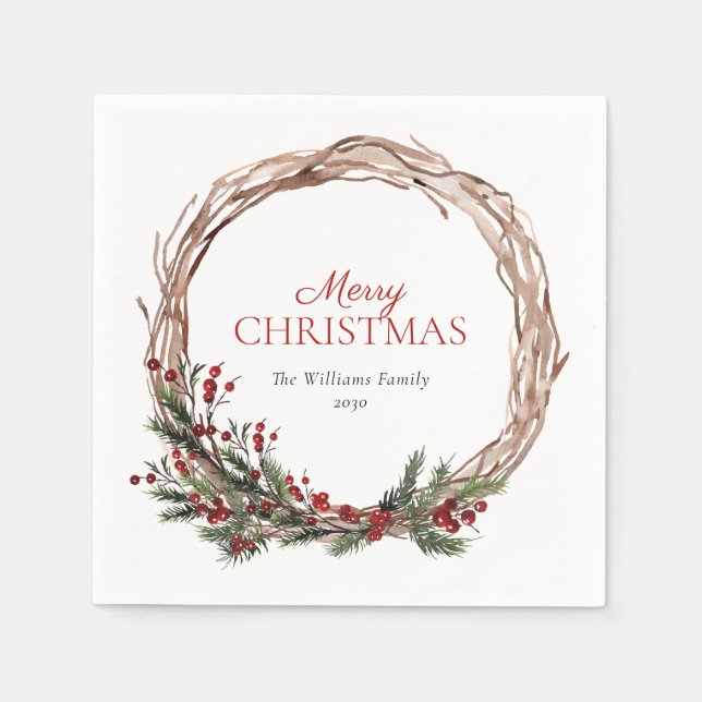 Rustic Warm Red Winter Wreath Merry Christmas Napkins (Front)