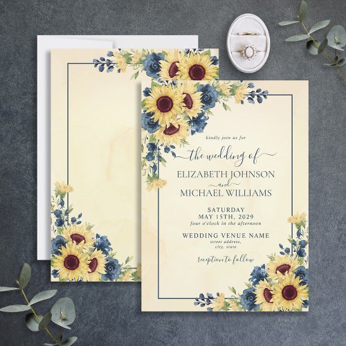 Rustic Warm Sunflower Navy Blue Floral Wedding Invitation