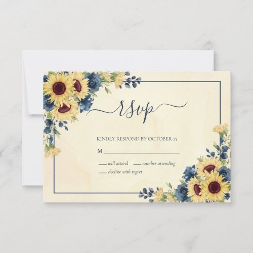 Rustic Warm Sunflower Navy Blue Floral Wedding RSVP Card