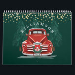 Rustic Warm Vintage Red Truck Family Photo Calendar<br><div class="desc">Celebrate the magical and festive holiday season with our custom holiday calendar. The design features a red and green rustic hand-drawn illustrative style front view vintage pickup truck carrying a Christmas tree in the back. Christmas greenery and foliage create a modern, rustic festive design. Faux gold confetti is placed at...</div>
