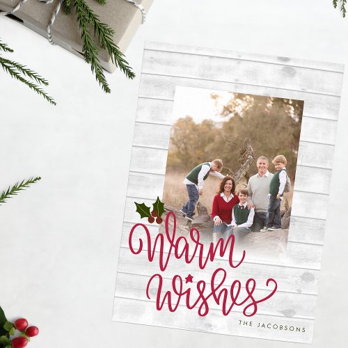 Rustic Warm Wishes White Wood Photo Holiday Card