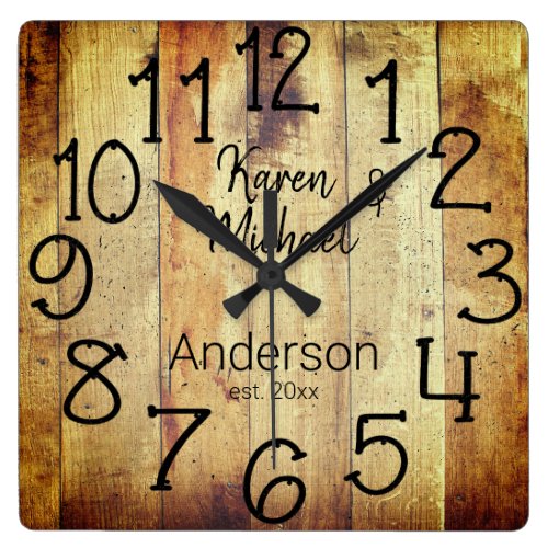 Rustic Warm Wood Farmhouse Custom Family Name Square Wall Clock
