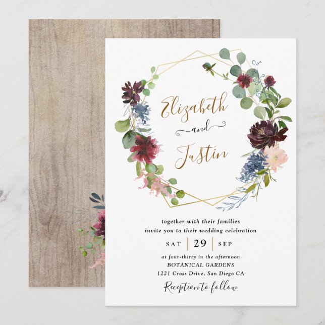 Rustic Waterclor Burgundy Navy Floral Wedding Invitation (Front/Back)