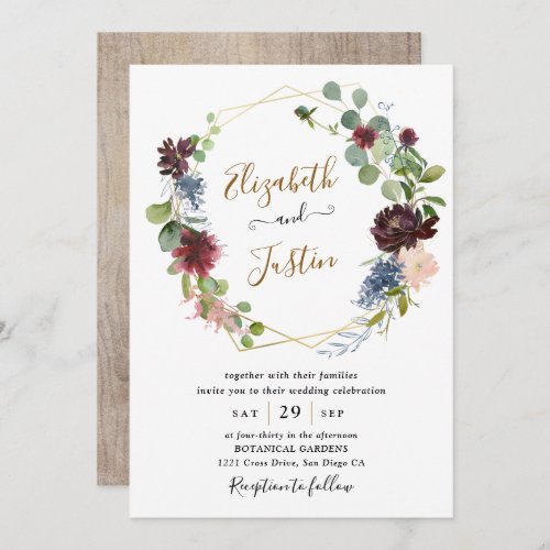 Rustic Waterclor Burgundy Navy Floral Wedding Invitation - This elegant and customizable Wedding Invitation features a geometric gold frame adorned with delicate watercolor burgundy and navy florals with greenery foliage, paired with a whimsical calligraphy and a classy serif font in gold and black. To make advanced changes, please select "Click to customize further" option under Personalize this template.