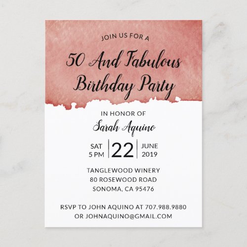 Rustic Watercolor 50  Fabulous Birthday Invitation Postcard