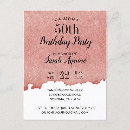 Rustic Watercolor 50th Birthday Wine Theme Invitation Postcard