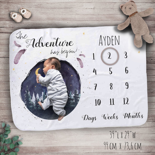 Rustic watercolor adventure unisex milestone baby blanket