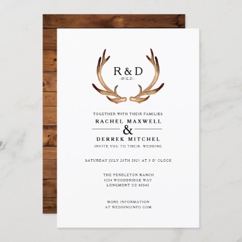 Rustic Watercolor Antler  Simple Wedding Invitation