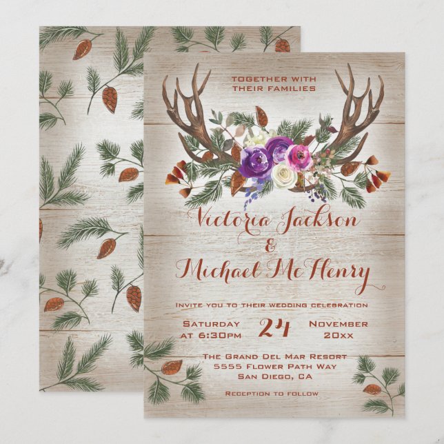 Rustic Watercolor Antlers & Pine Branches Wedding Invitation (Front/Back)