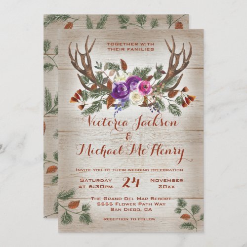 Rustic Watercolor Antlers  Pine Branches Wedding Invitation