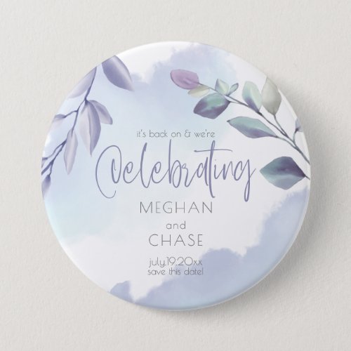 Rustic Watercolor Aqua Lilac Leaves Save the Date Button
