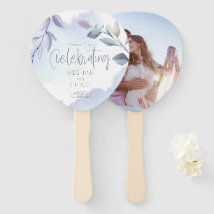 Rustic Watercolor Aqua Lilac Leaves Save the Date Hand Fan