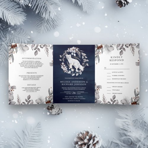 Rustic Watercolor Arctic Fox 3 in 1 Winter Wedding Tri_Fold Invitation