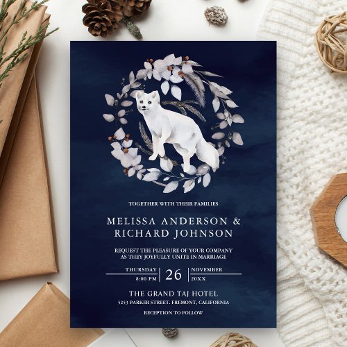 Rustic Watercolor Arctic Fox Winter Navy Wedding Invitation