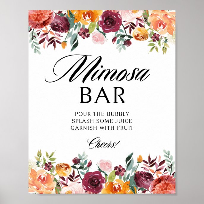 Rustic Watercolor Autumn Blooms Mimosa Bar Sign