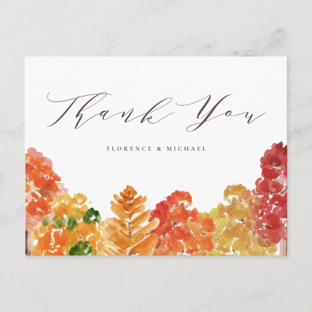 Rustic Watercolor Autumn Forest Fall Thank You Postcard (Front)