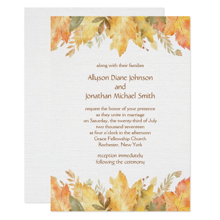Rustic Watercolor Autumn Leaves Wedding Invitation Zazzle Com