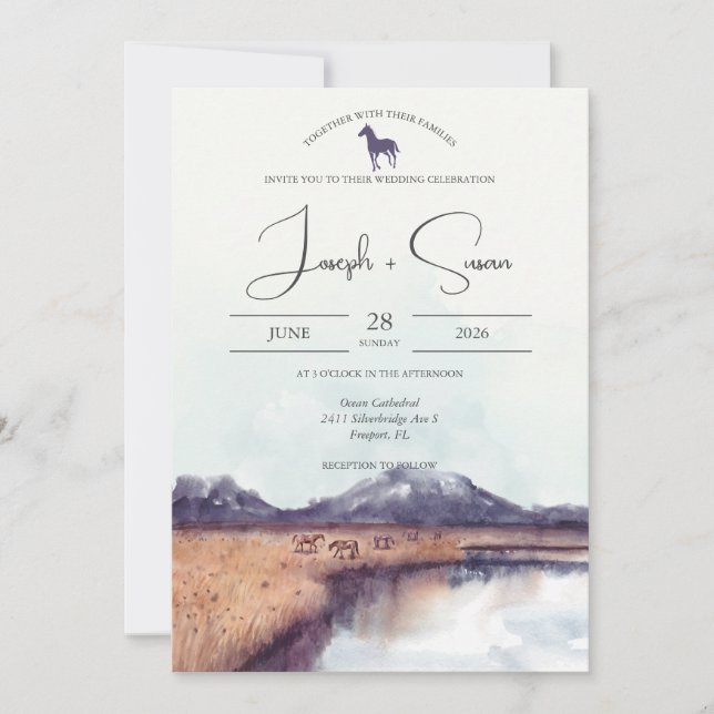Rustic Watercolor Autumn Mountain Lake Wedding Invitation (Front)