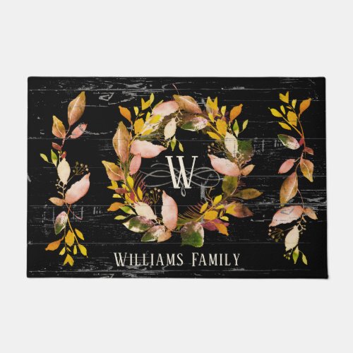 Rustic Watercolor Autumn Wreath Family Black Doormat