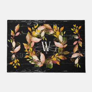 Rustic Watercolor Autumn Wreath Family Black Doormat