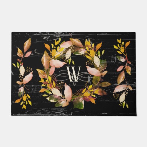 Rustic Watercolor Autumn Wreath Family Black Doormat