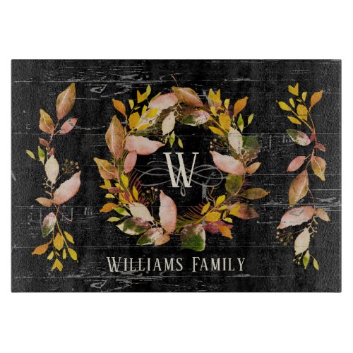 Rustic Watercolor Autumn Wreath Monogram Name Cutting Board