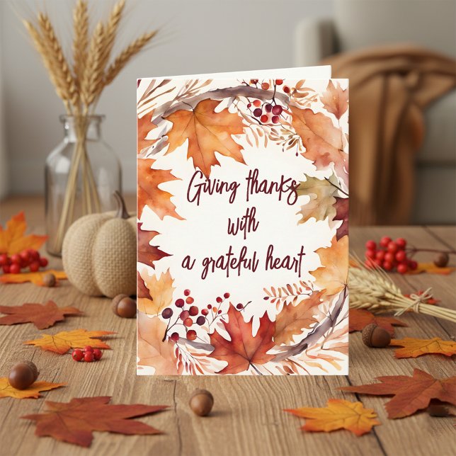Rustic Watercolor Autumn Wreath Thanksgiving Card (Creator Uploaded)